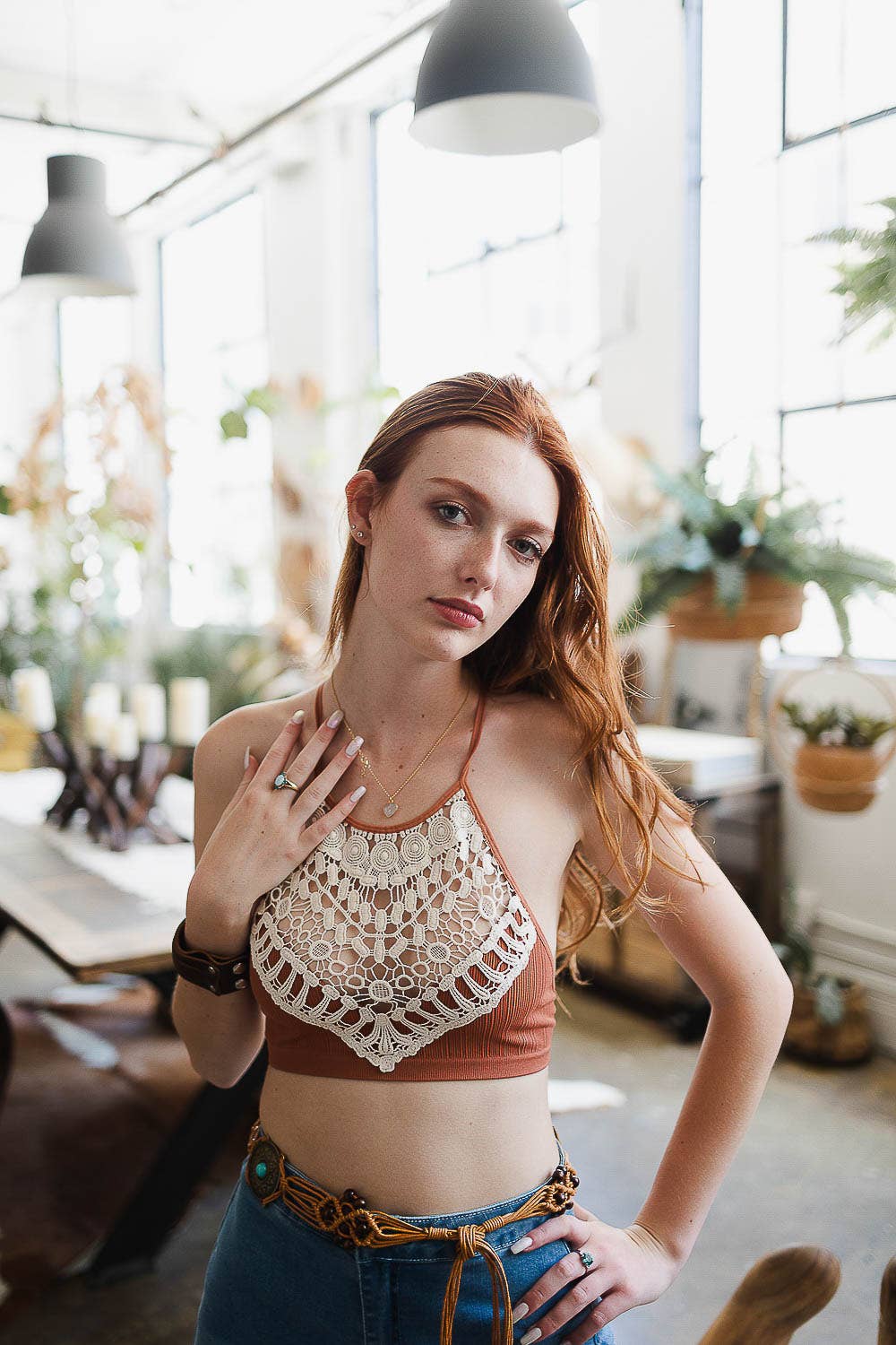 Crochet Lace High Neck Bralette - Rust