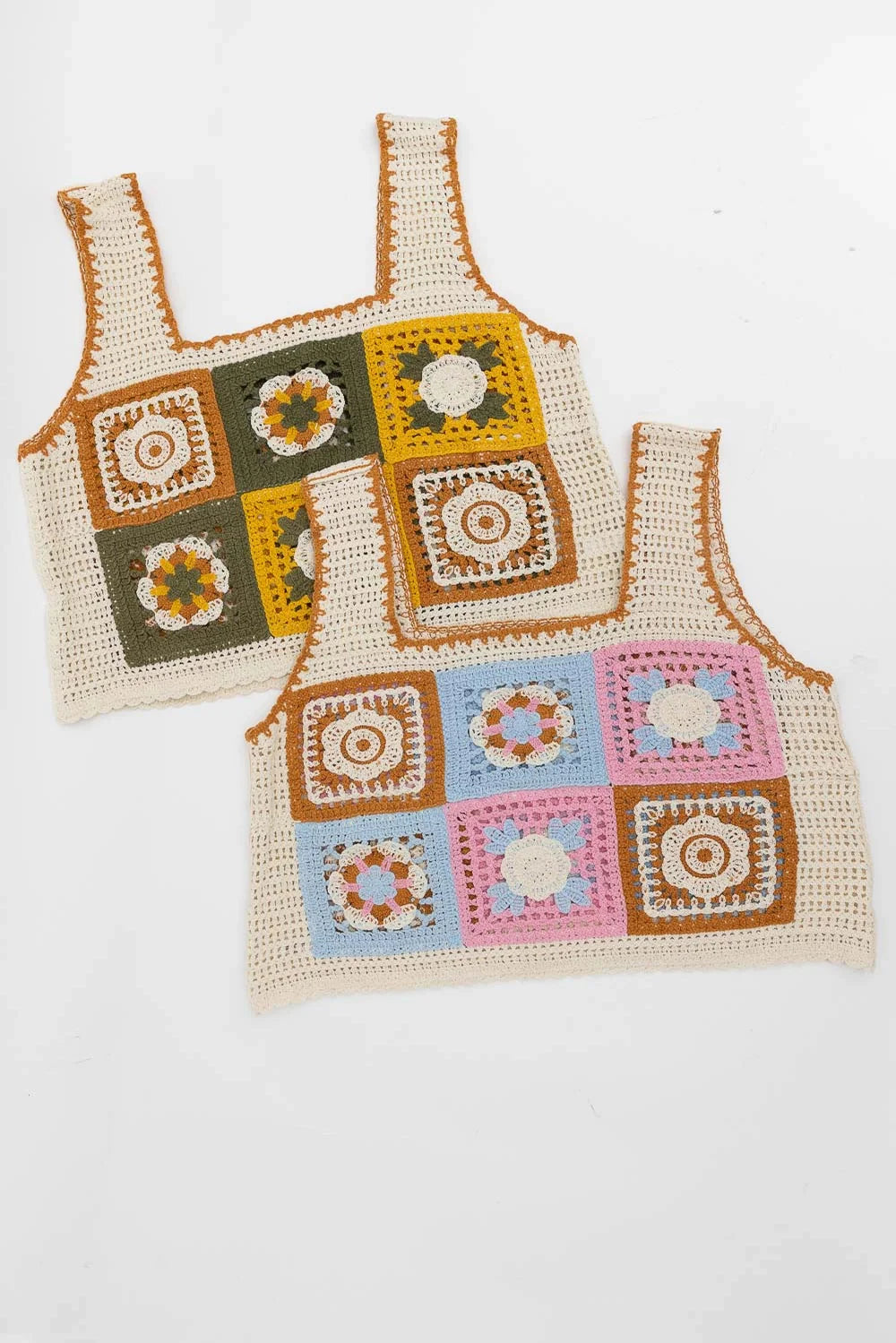 Floral Mosaic Embroidered Crochet Top - Mustard