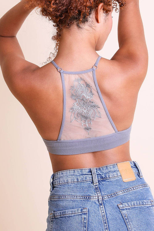 Tattoo Mesh Racerback Bralette - Gray