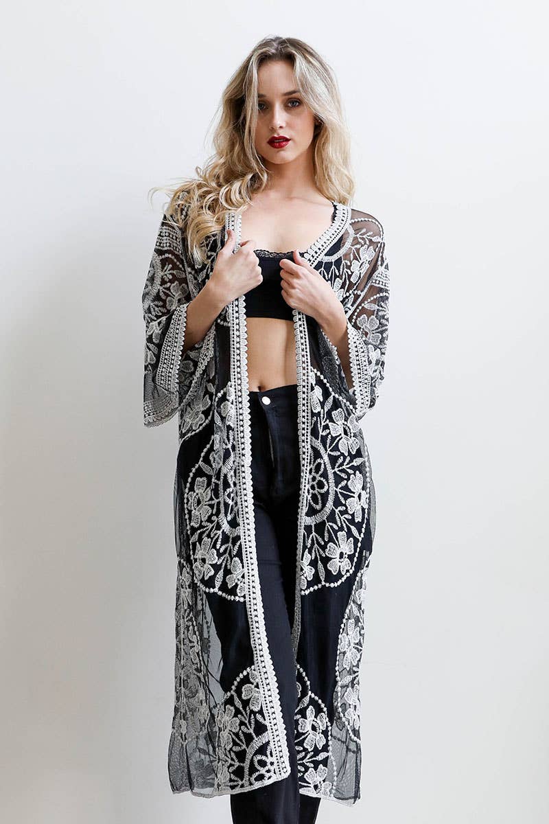 Contrast Mesh Kimono - Black
