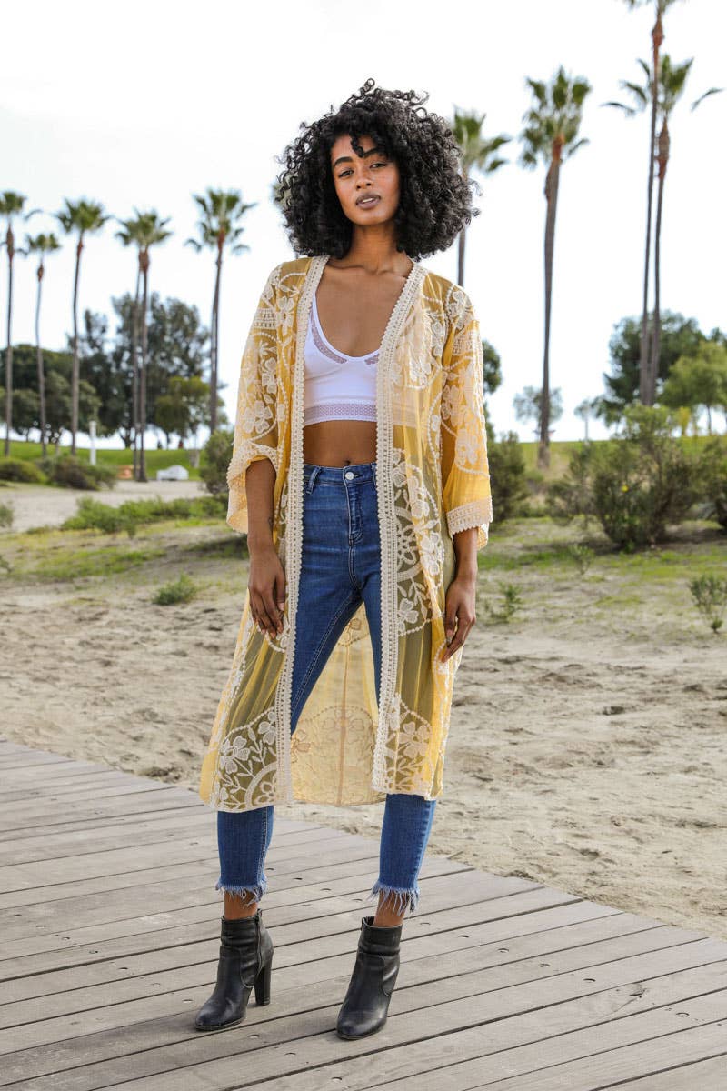 Contrast Mesh Kimono - Mustard