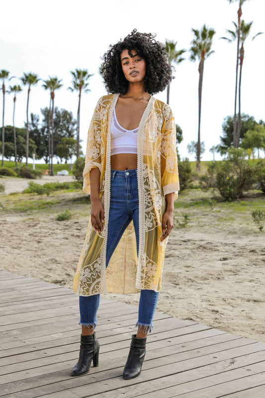 Contrast Mesh Kimono - Mustard