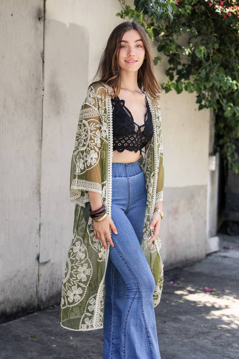 Contrast Mesh Kimono - Olive