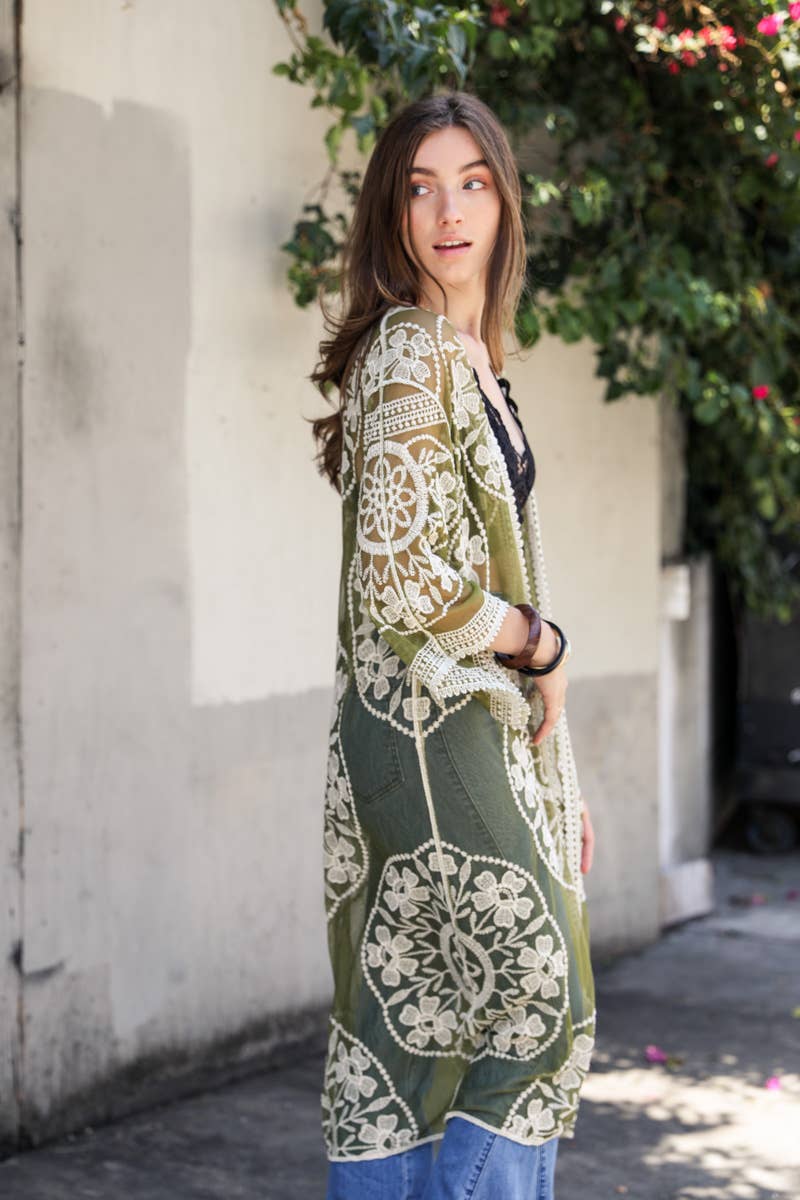 Contrast Mesh Kimono - Olive