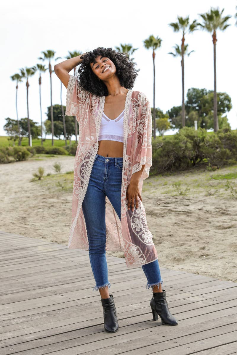 Contrast Mesh Kimono - Rose