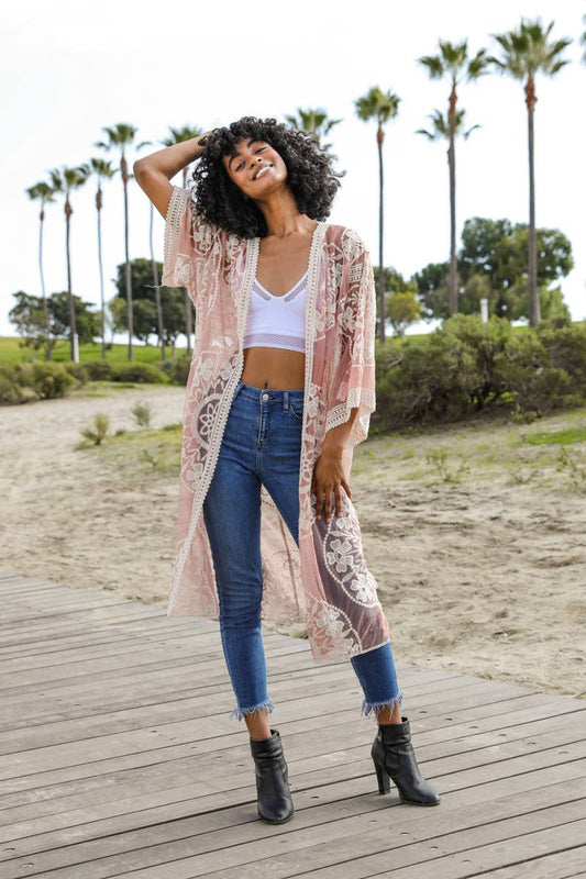 Contrast Mesh Kimono - Rose