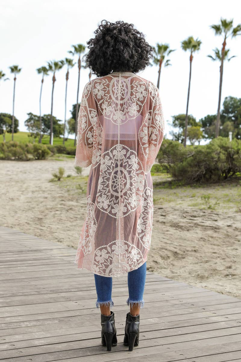Contrast Mesh Kimono - Rose