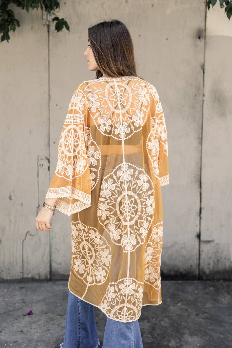 Contrast Mesh Kimono - - Rust