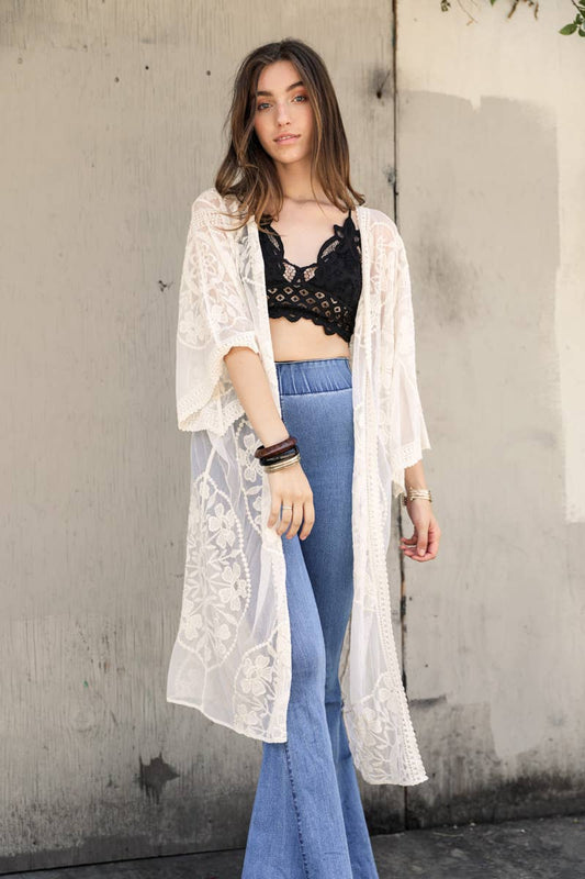 Contrast Mesh Kimono - Ivory