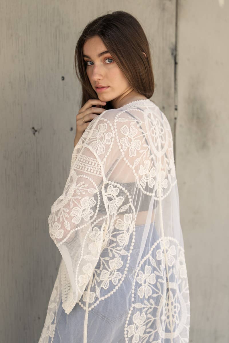 Contrast Mesh Kimono - Ivory