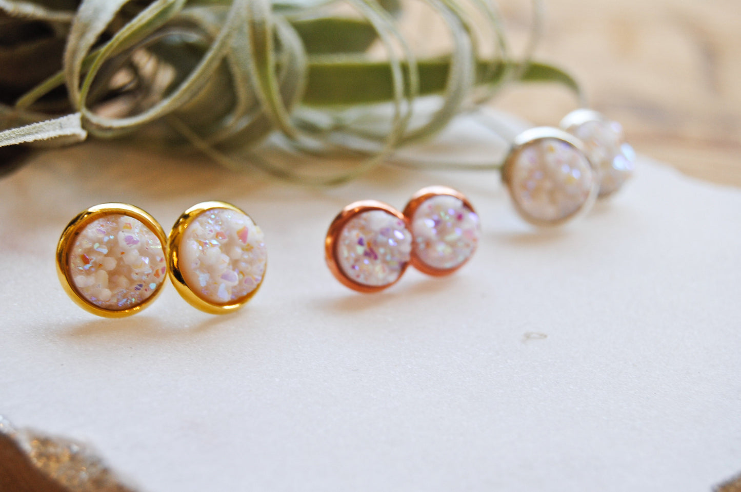 White druzy stud earrings