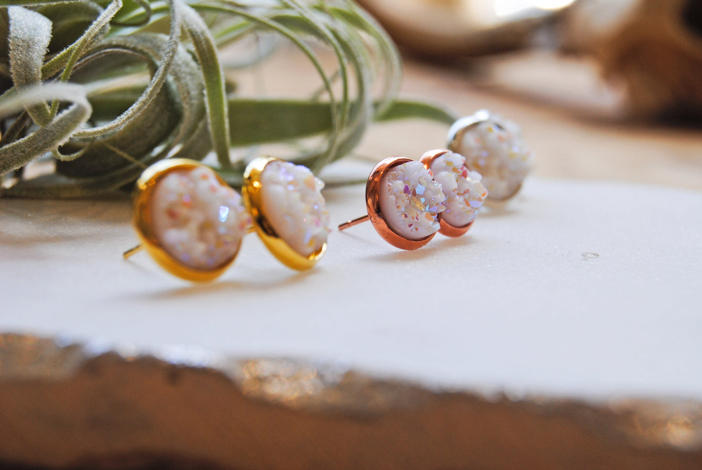 White druzy stud earrings
