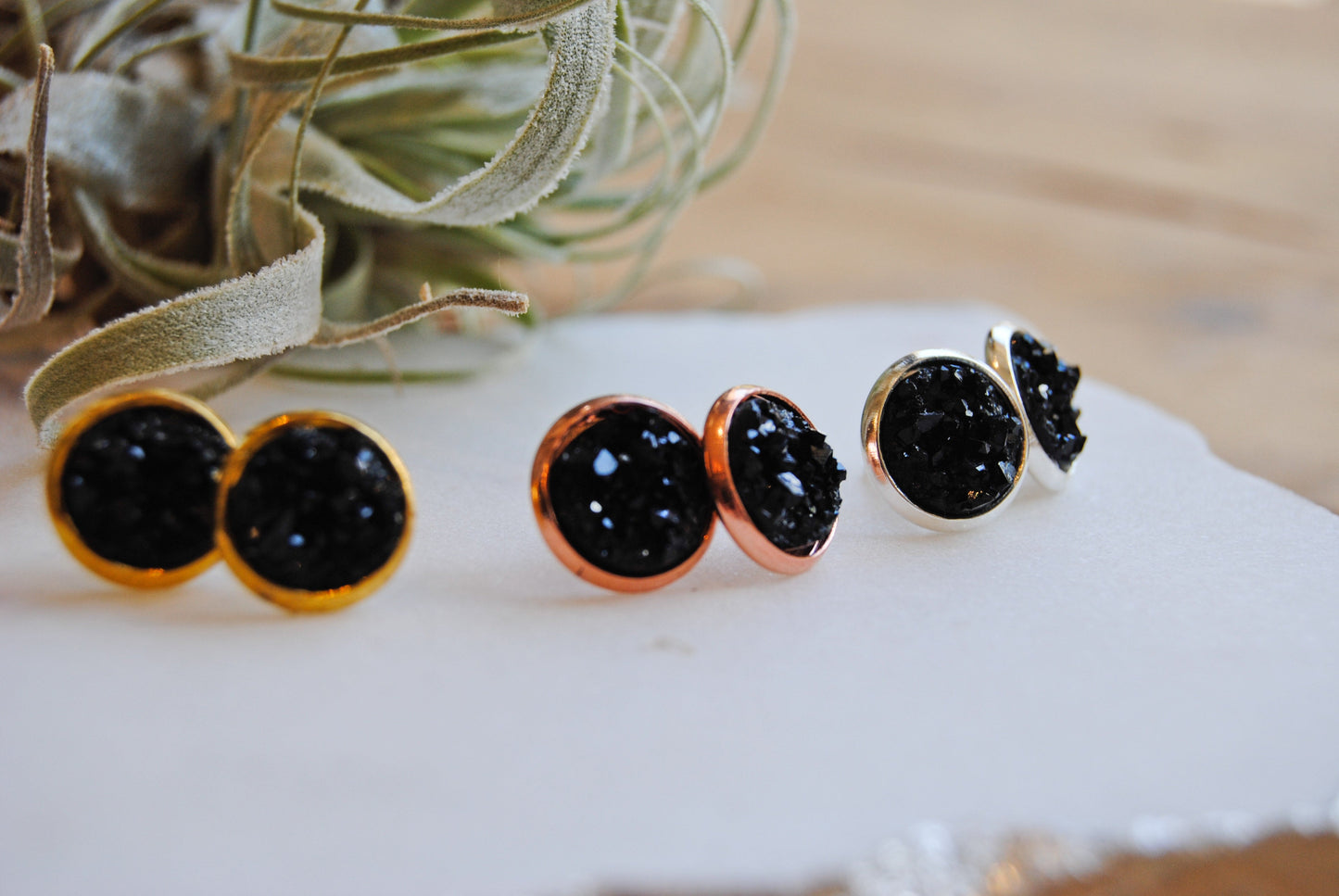Black druzy stud earrings
