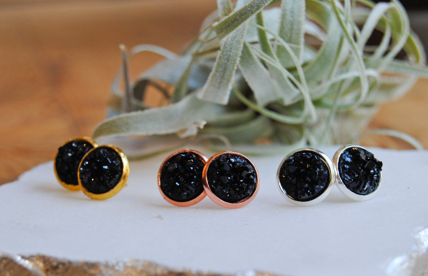 Black druzy stud earrings