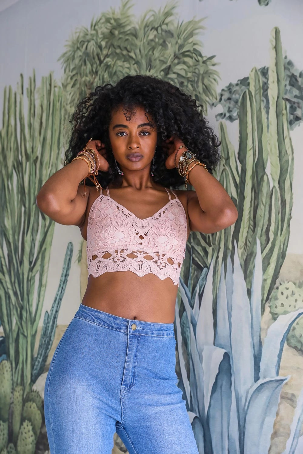 Crochet Embroidered Lace Longline Bralette - Blush