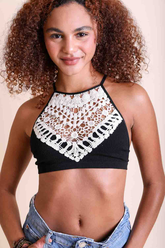 Crochet Lace High Neck Bralette - Black