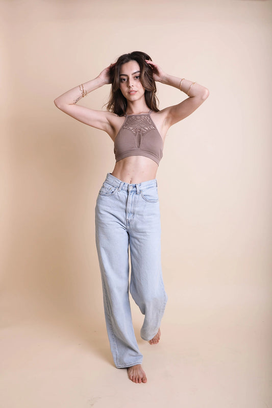 Floral Cutout Seamless Crop Top - Mocha