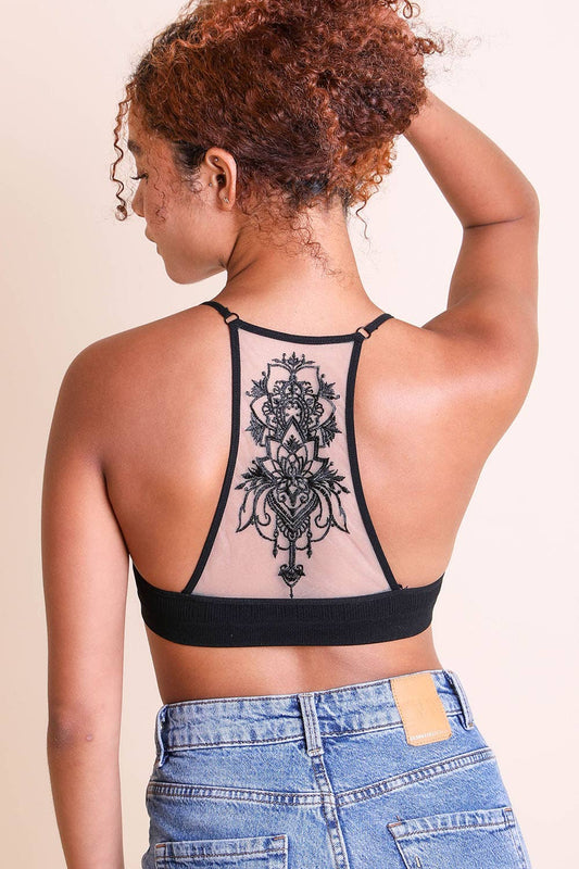 Tattoo Mesh Racerback Bralette - Black