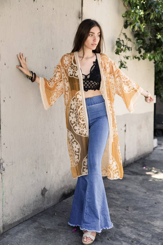 Contrast Mesh Kimono - - Rust