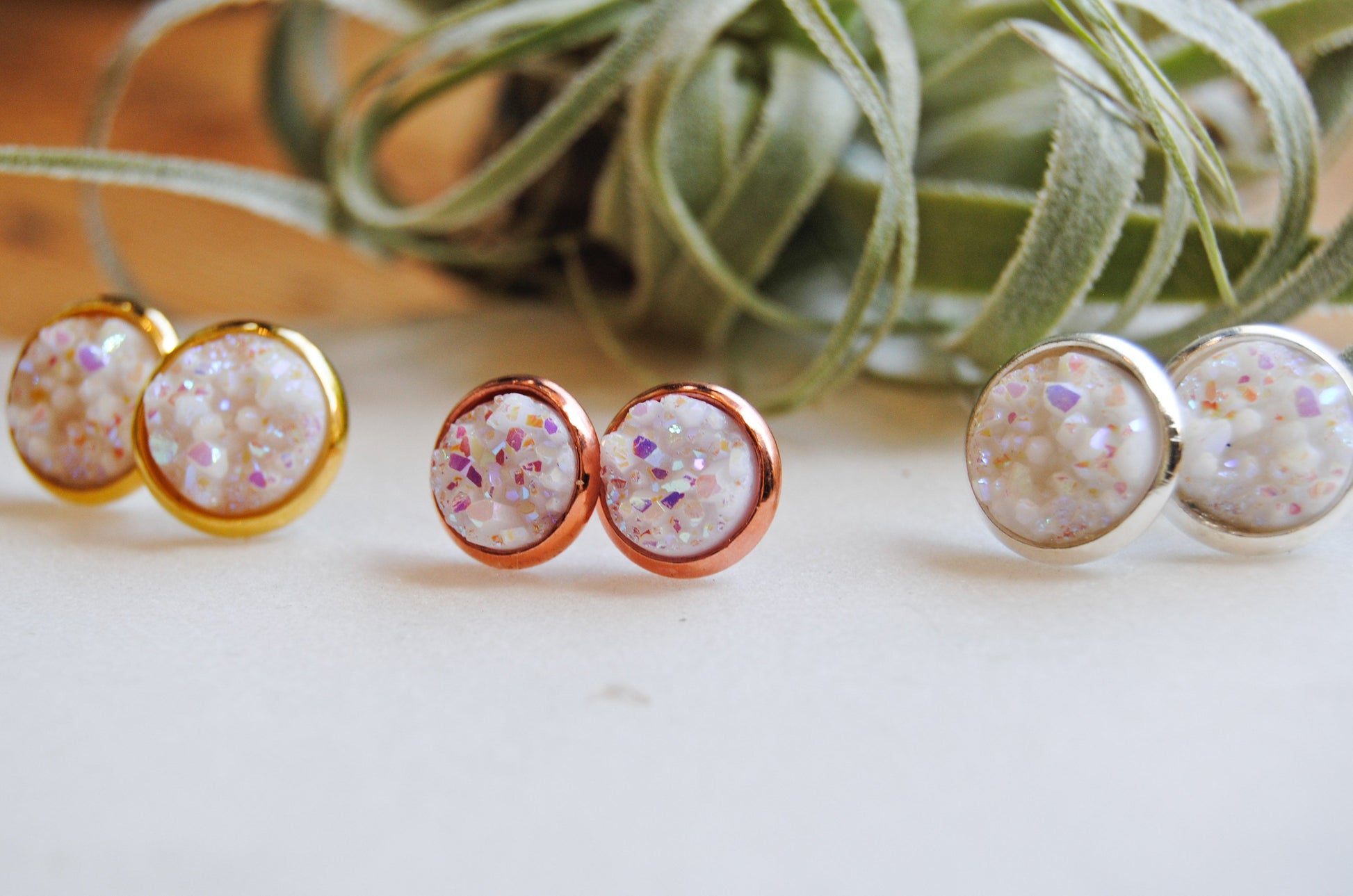 White druzy stud earrings