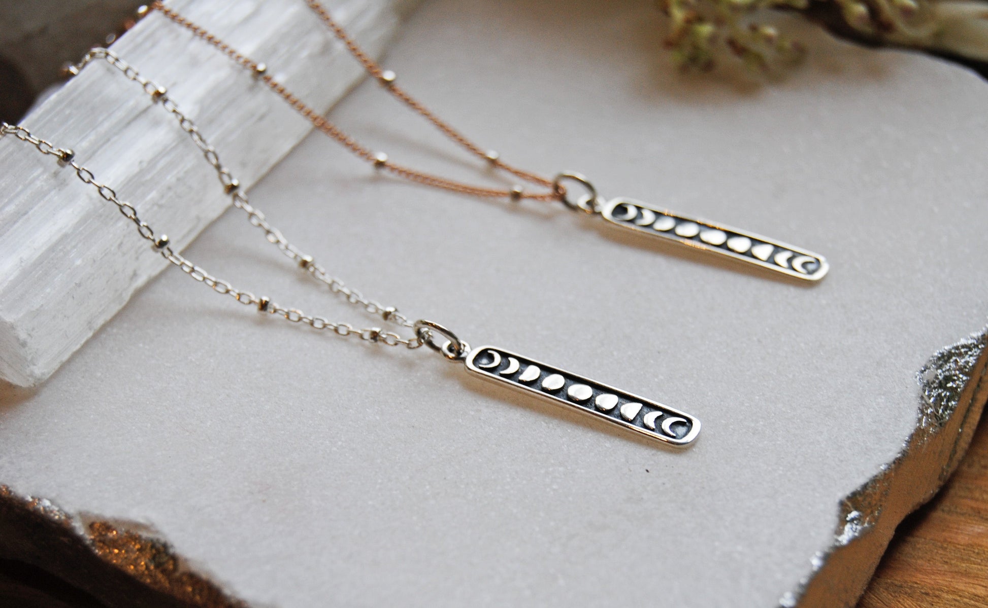 Sterling moon phases bar necklace