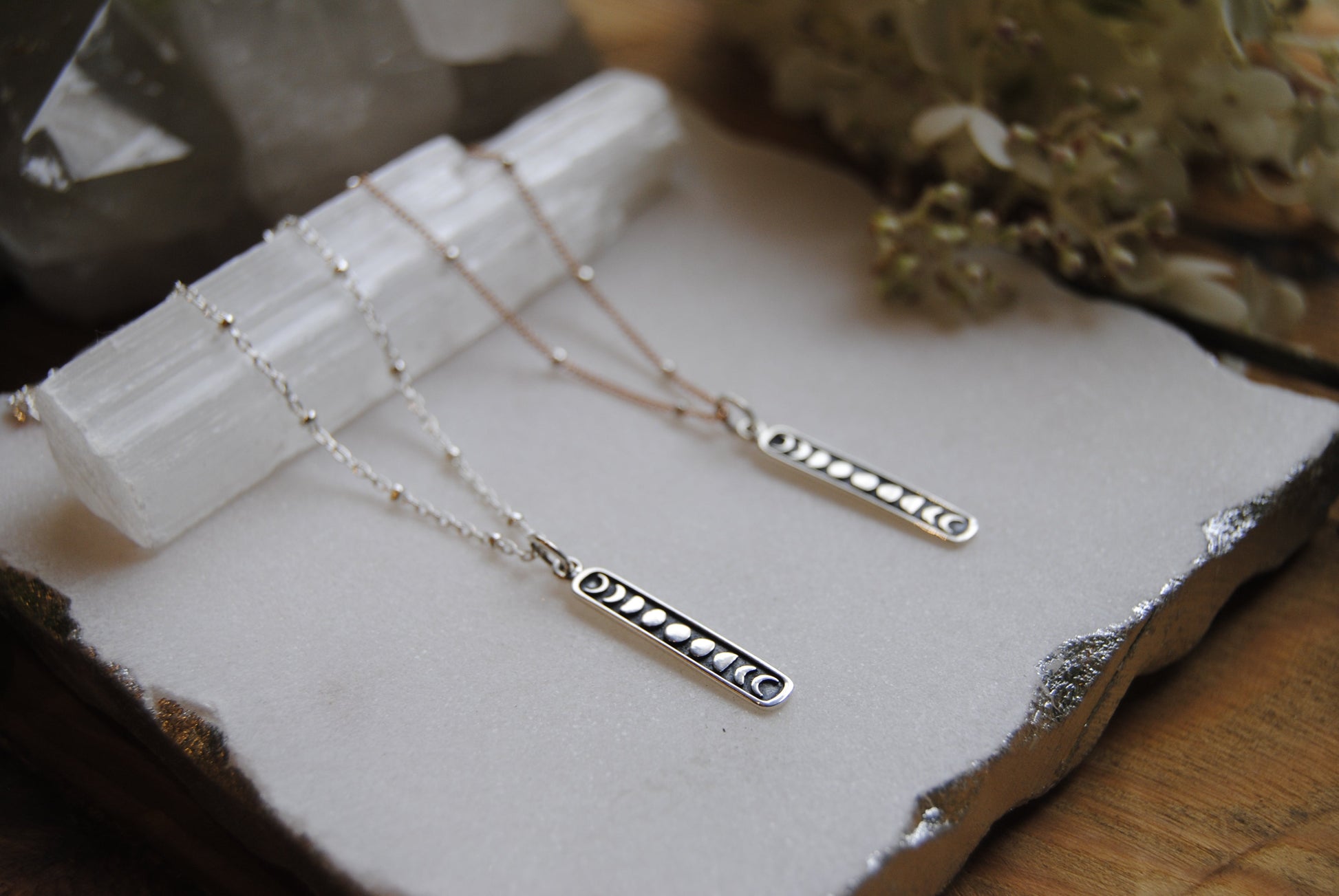 Sterling moon phases bar necklace