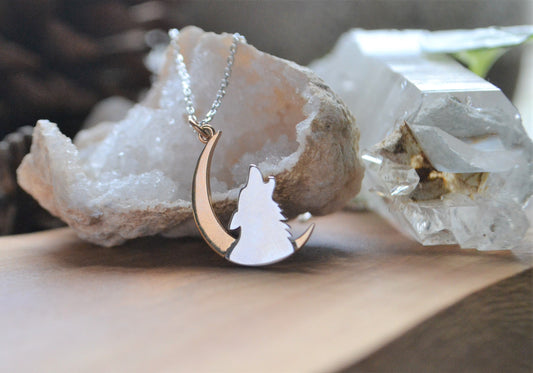 Wolf and moon crescent necklace