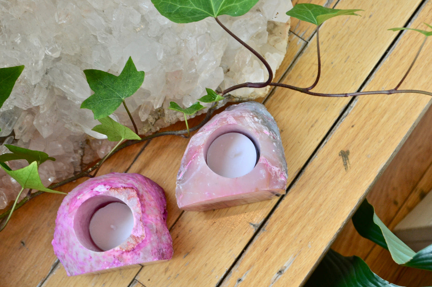 Pink geode tea light candle holder