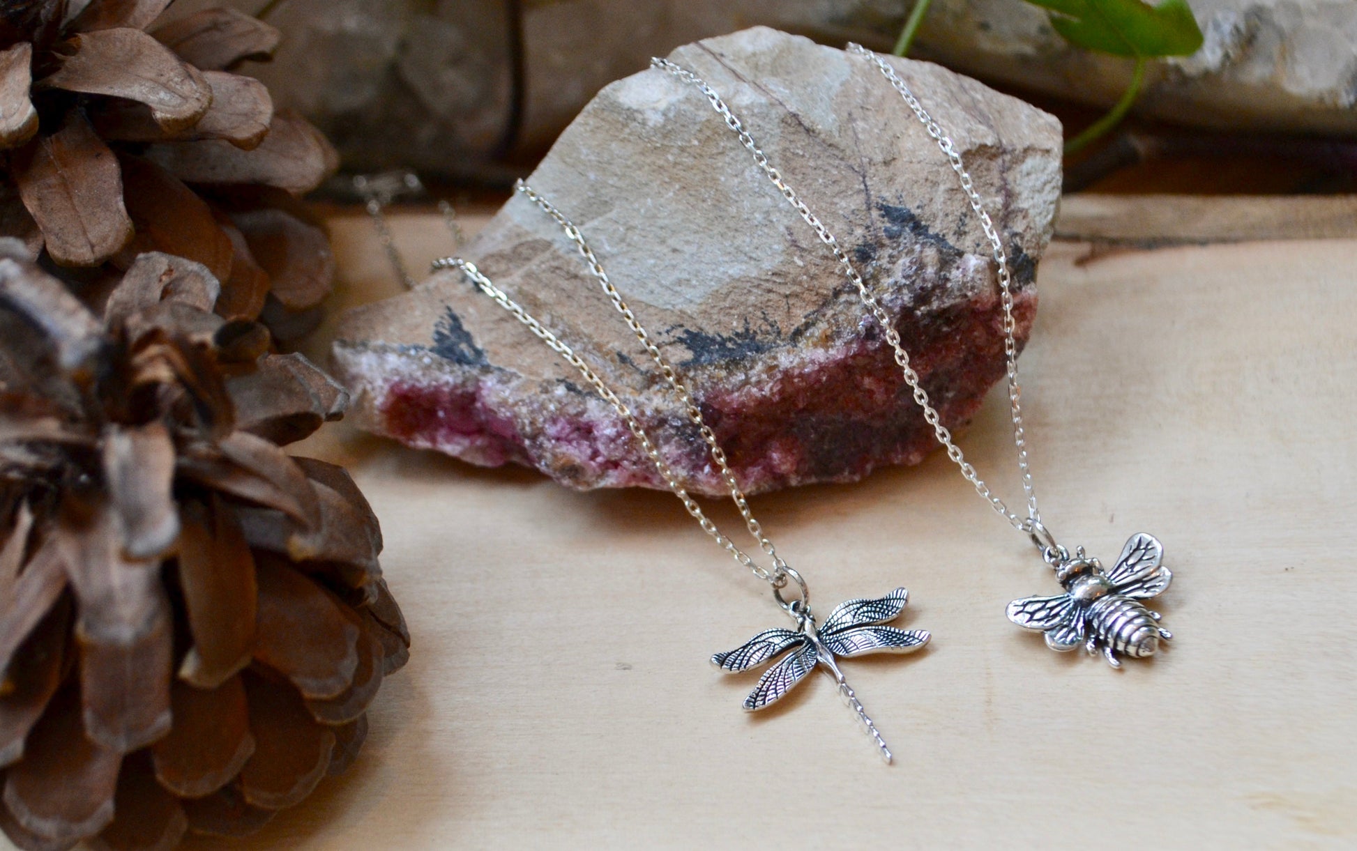 Dragonfly and larger bee necklaces