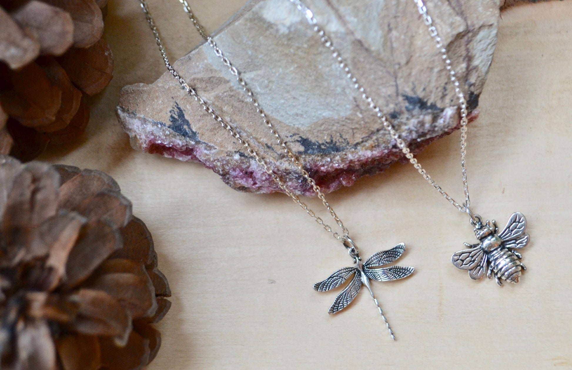 Dragonfly and larger bee necklaces
