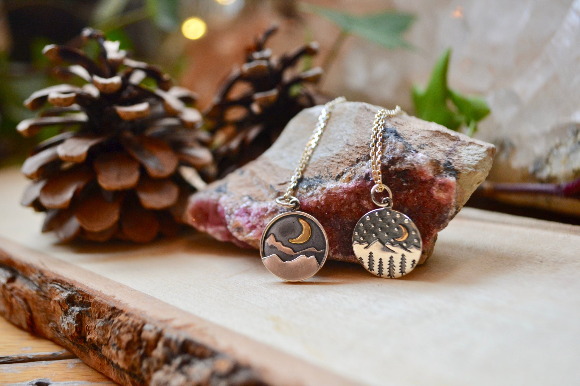 Mountain night time scene necklaces