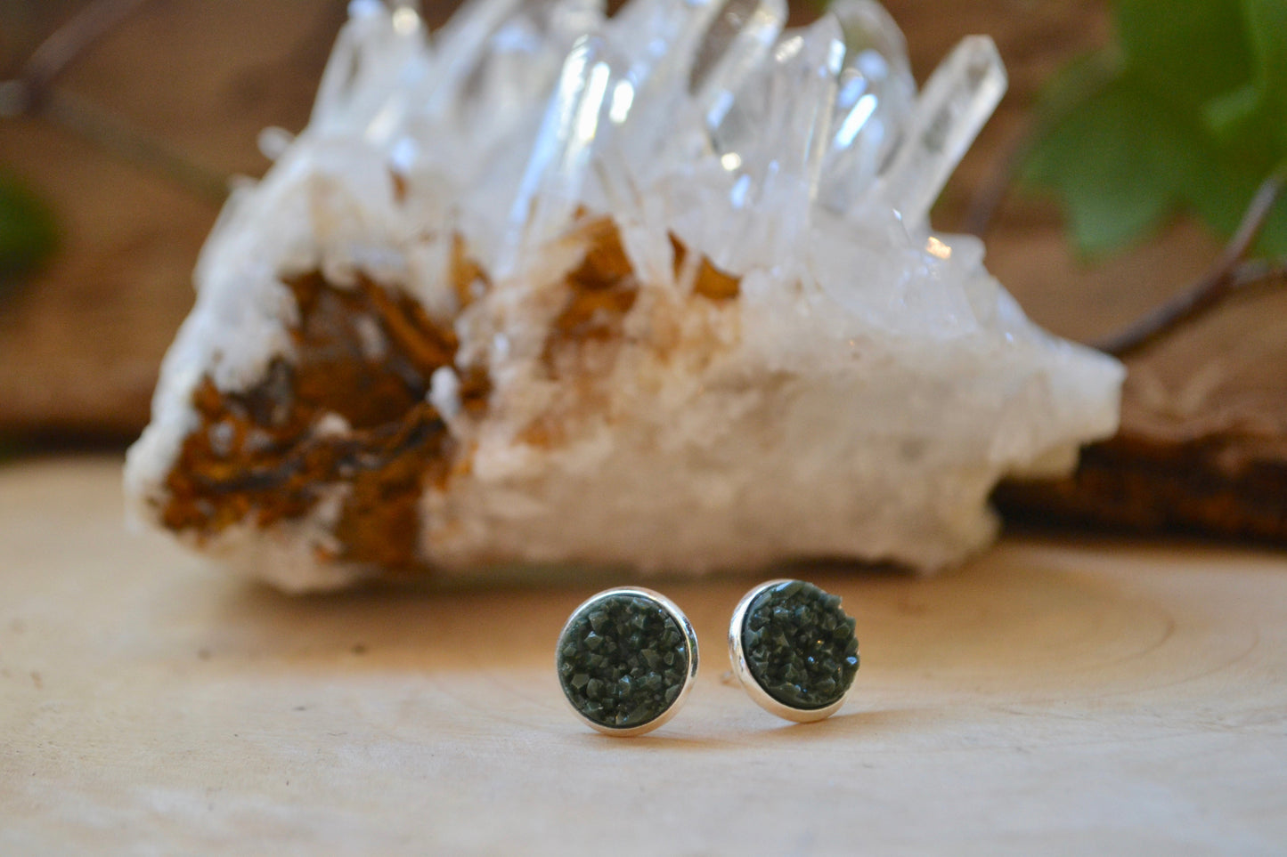 Dark green druzy earrings