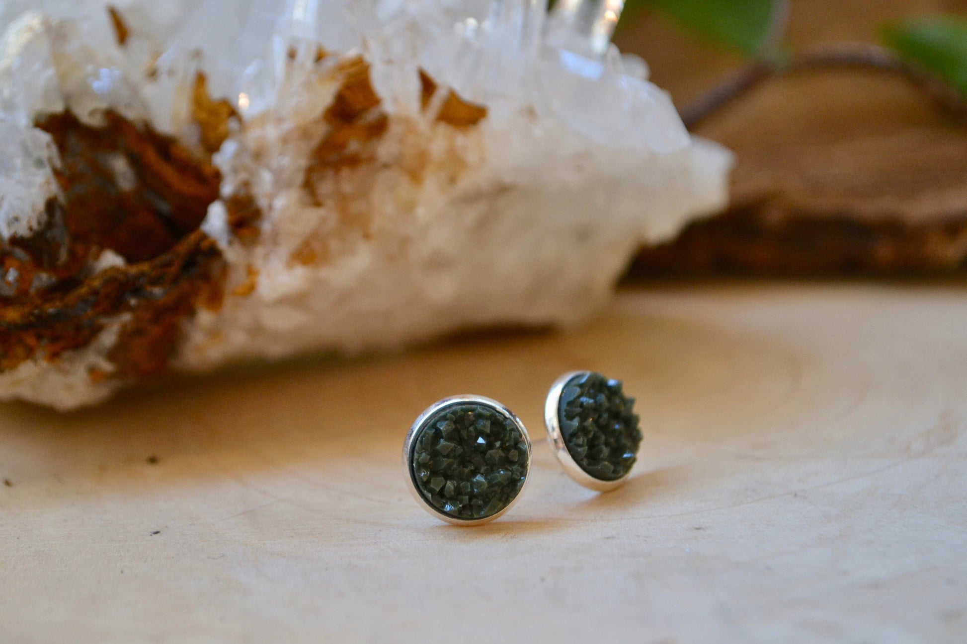 Dark green druzy earrings