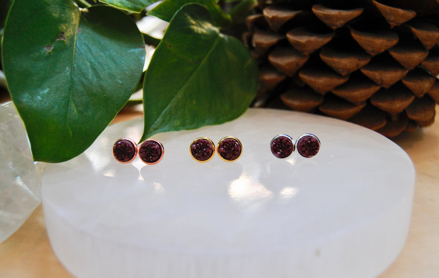 Maroon druzy stud earrings